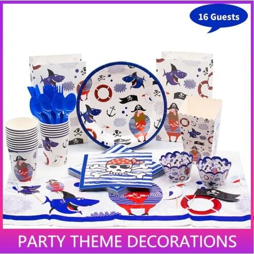 Pirate Theme Party Baby Shower Pirate Crossbone Skull Kids Happy Birthday Disposable Dinnerware for Girl Boy Birthday