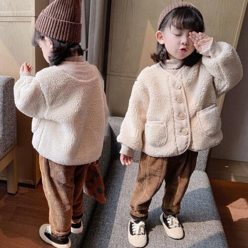 Autumn Winter Childrens Outwear Lamb Wool Coat For Girls Round Neck Plus Velvet Thicken Warm KIds Clothes Baby Boys Jackets