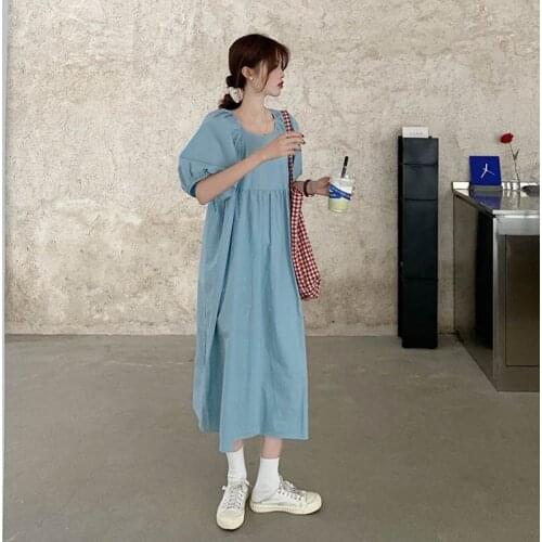 Womens Elegant Long Dress2021Summer New Solid Color Puff Sleeve Bowknot Dress Female Design Sense French First Love Sweet Dress