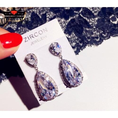 Luxury Female Crystal Big Water Drop Earrings Silver Color Zircon Stone Earrings Boho Wedding Jewelry Women Long Dangle Earrings