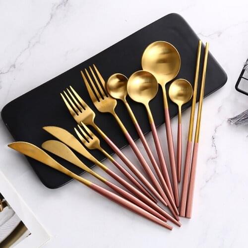 Pink Gold Western Tableware Steak Knife Fork Coffee Spoon Teaspoon Steel Cutlery Set Stainless Steel Home Dinner Dinnerware Set