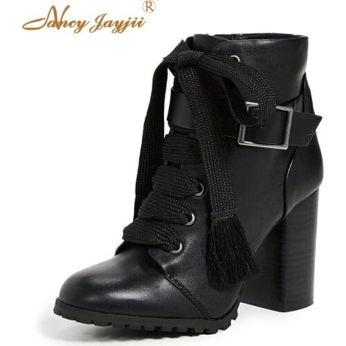 Women shoes Adult Ladies Ankle Black boots Zipper High Square heels Ankle Strap Round Toe Fringe Spring/Autumn Fashion 2021