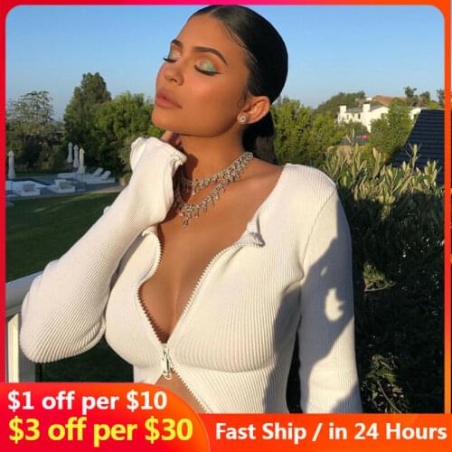 2021 Streetwear Fashion Zip Up T-shirt Ribbed Knitted Long Sleeve Strech Irregular Casual Sexy Women Spring Autumn Crop Tops