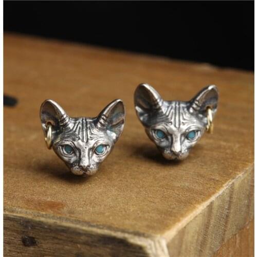 Vintage Silver Plated Sphink Cat Stud Earrings Personality Men Womens Cat Earrings Gothic Style Punk Earrings Hip Hop Jewelry