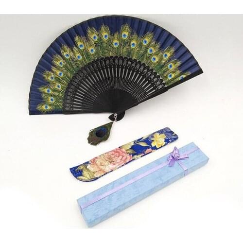 Vintage Retro Peacock Folding Fan Bamboo Silk Dance Fans Home Decoration Great Gifts For Friend 50set / lot