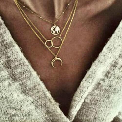 Bohemian Fashion Moon Circle Map Pendant Necklace for Women Jewelry Earth Choker Multilayer Bijoux Collares Mujer Collier Femme
