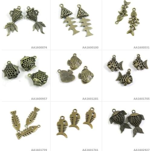 Antique Bronze Tone Jewelry Making Charms Hollow Goldfish Fish Bone Fishbone Tropical Bracelet Pendant Necklace