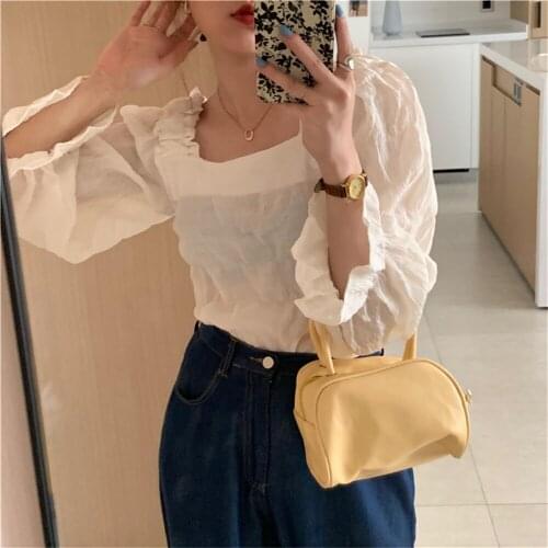2021 New Apricot Square Collar Blouses Chiffon Flare Sleeves Slim-Fit Autumn Fashion OL Women Sweet Hot Girls Tops