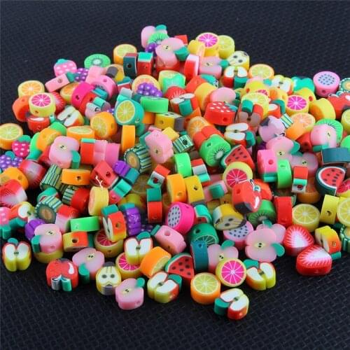 Julie Wang 100pcs Fruit Slice Beads Polymer Clay Random Mix Apple Orange Strawberry Grape Bead Bracelet Jewelry Making Accessory