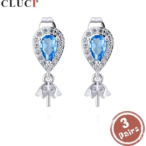 CLUCI 3 pair wholesale Blue 925 Sterling Silver Zircon Earrings For Women Water Drop Earrings Wedding Jewelry SE095SB