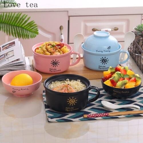 Ceramic lunch box microwave heating student dormitory bowl chopsticks set instant noodle cup with lid square soup bowl