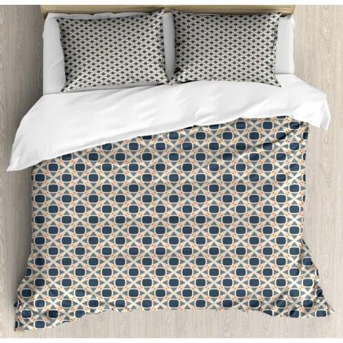 Abstract Duvet Cover Set Drawing of Continuing Funky Shapes 3 Piece Bedding Set Slate Blue Champagne