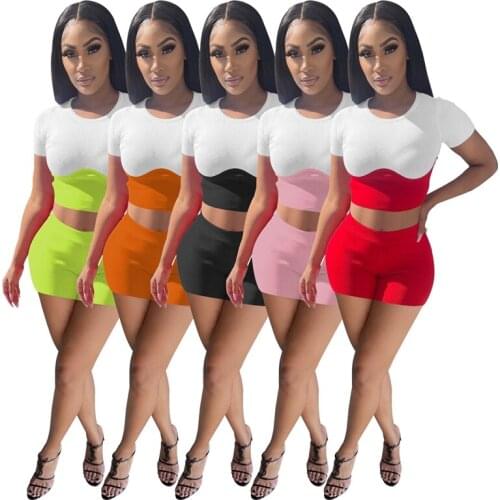 Summer Clothes Two Piece Set Women Sexy Elasticity Splicing Short Sleeve T-shirt Shorts Sets Fitness Club Outfit Wholesale Items