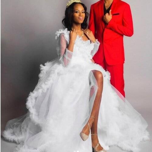 Pretty White Tulle Bridal Dresses Ruffles Mesh See Thru Full Sleeves A-line Long Formal Party Dress Wedding Prom Gowns