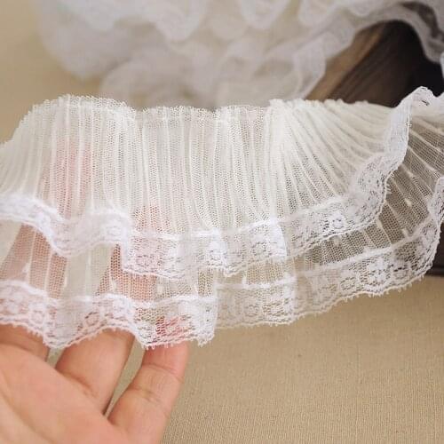 2M White Black Pleated Flower Embroidered Lace Trims Fabric for Wedding Dress Trouser Leg Wrist Sewing Clothing Accessories 8cm