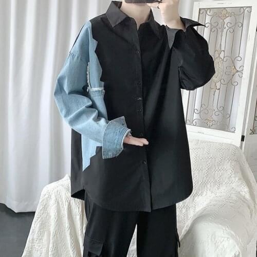 2021 autumn jeans splicing Long Sleeve Shirt Mens Korean version personality trend ruffian handsome Harajuku shirt coat