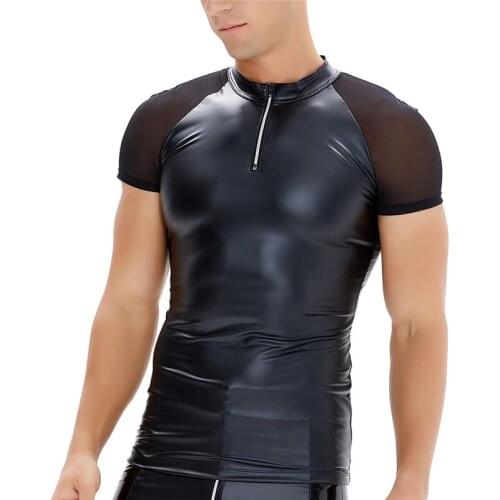 Man Leather Bodysuit PU Shapewear Corset Shirt Workout Tops Short Sleeve Sauna Suit Underwear Premium Slimming Shapewear