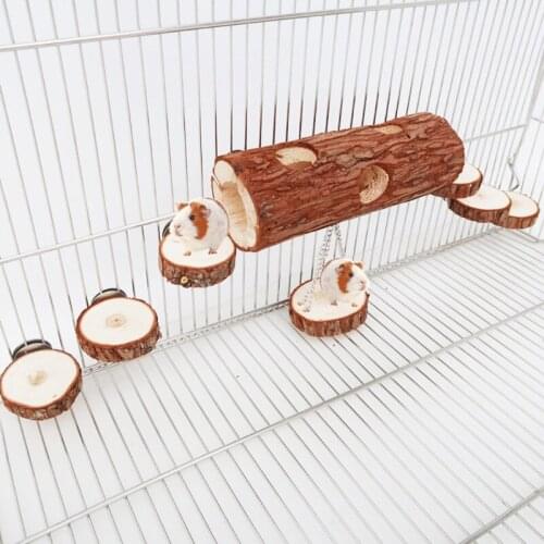 Natural Wooden Hamster Mouse Tunnel Hollow Tree Trunk Tube Swing Toy Round Sugar Glider Platform Bite Chew Toys