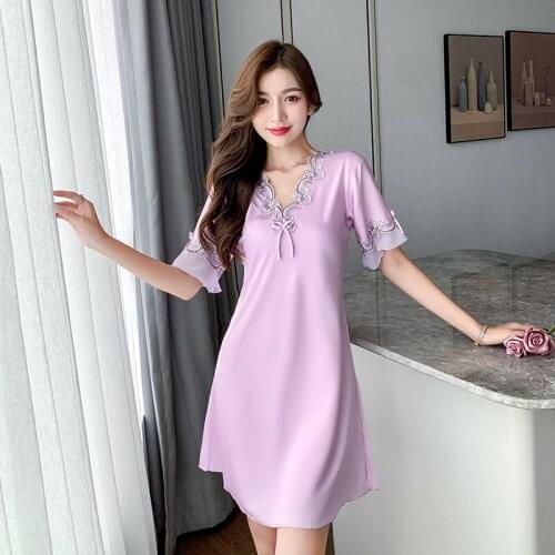 Summer 2021 New Short Sleeve Ice Silk Nightgown Womens Sexy Nightdress Large Size Thin Nightwear Silk Home Clothes Sleepwear