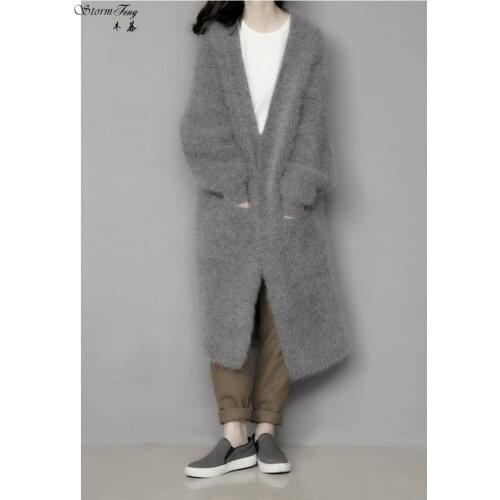 New Women Winter mink cashmere cardigan coat female thick sweater V neck knit loose long free shipping I1797