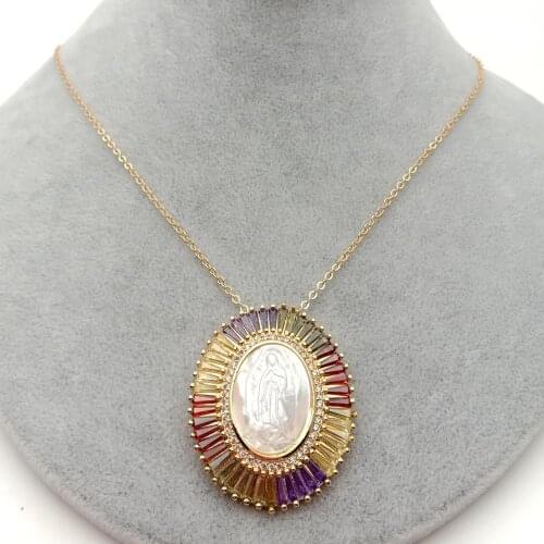 White Shell Virgin Mary Rainbow CZ Micro Pave Oval Pendant necklace
