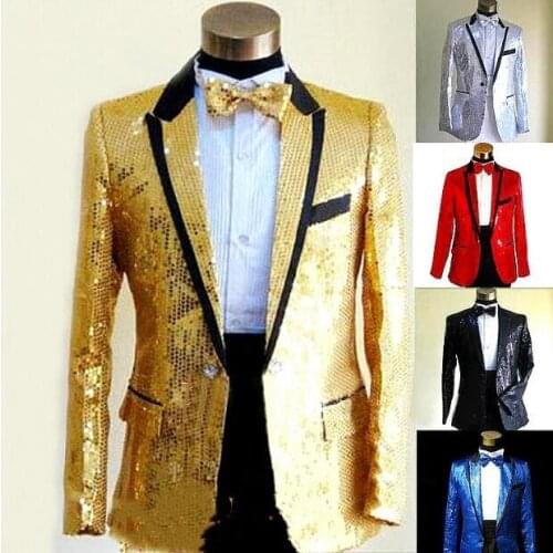 Singer Host Mens Blazers Jacket Sequins One Button Costumes Stage Coat Gold Silver Blue Pink Red Purple Customize Size