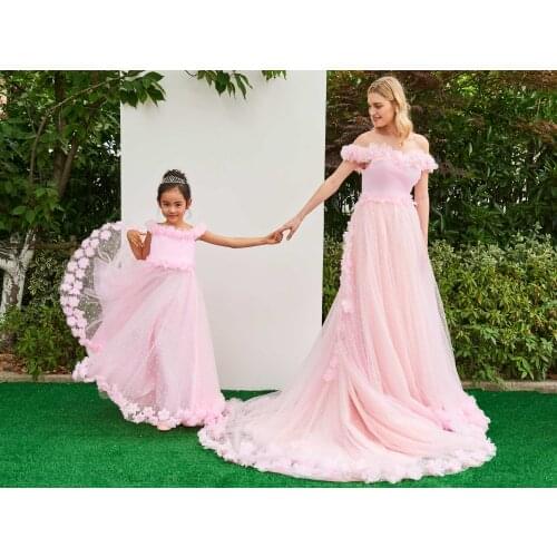 Tanpell Pink Parent-Child Flower Girl Dress Off The Shoulder A-Line Three-Dimensional Flower Sequin Tulle Flower Girl Dress