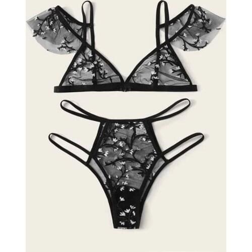 Sexy underwear women set Floral Embroidery Sheer Mesh Lingerie Set no bra Backless Bralette sexi Intimates lace bra set