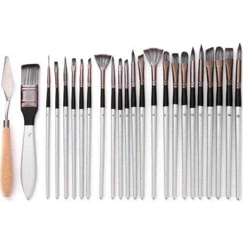 HX6A 24pcs/set Nylon Hair Wooden Handle Watercolor Paint Brushes Pen Scrubbing Scraper DIY Oil Acrylic Painting