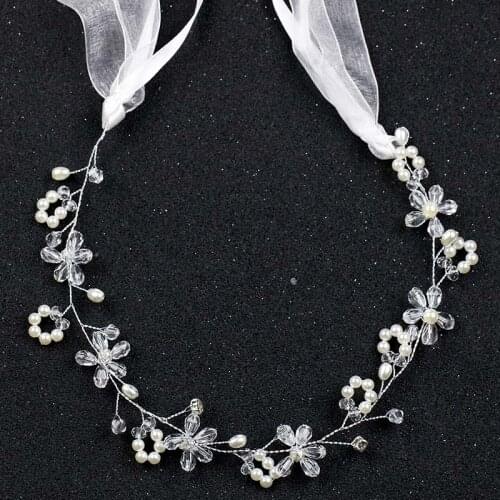 Wedding Bridal Crystal Beads Pearl Knitted Braided Long Headband Hairband with Ribbon Hair Accessories Headwear BN