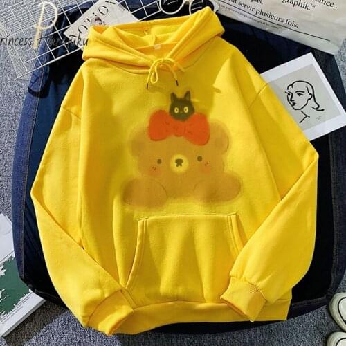 2021 Winter Warm Sweatshirts Cute Bear Pattern Casual Clothes Plus Velvet Womens Student College Cartoon Hoodies Long Sleeve