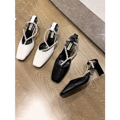 Womens Shoes Sandals 2021 New Summer Fashion Temperament Pearl Thick Heel Roman Shoes Women Heels Mary Jane Shoes