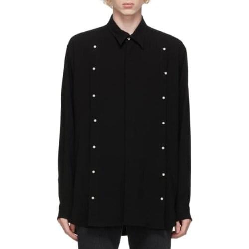 S-7XL!!2020 Black loose-fitting shirt with long sleeves front and short back and pearl buttons
