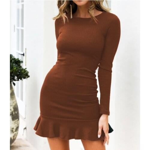 Womens Fashion Party Pencil Dress Long Sleeve Bottoming Sheath Sexy Solid Skinny Knitted Dress Vestido De Fiesta
