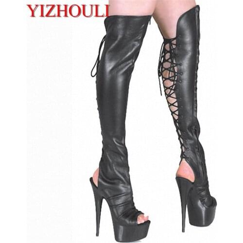 15cm High-Heeled Shoes Cutout Over-The-Knee Womens Boots Back Strap Open Toe Sandals 6 Inch Heels Thigh Boots Dance Shoes