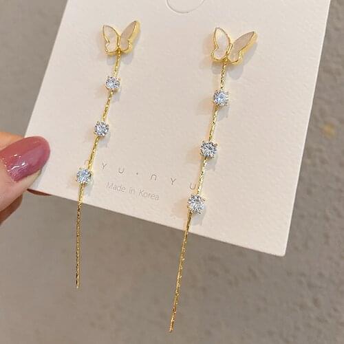 Vintage Gold Color Long Thread Tassel Drop Earrings for Women Butterfly Shell Cubic Zirconia Geometric Korean Fashion Jewelry