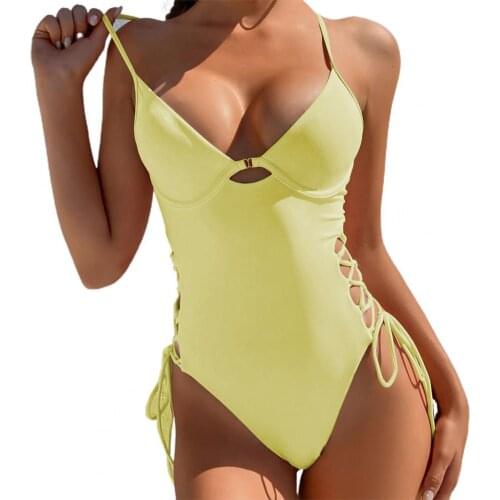 2021 Summer Womens Swimwear Solid Color One Piece Padded Steel Back Drawstring Slim Beach Vacation Dating swimwear women