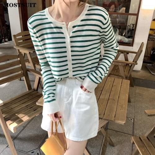 6 Colors Striped Knitted Cardigan Women 2021 Autumn Full Sleeve O-neck Sweater Jumpers Casual Loose Female Tops Femme