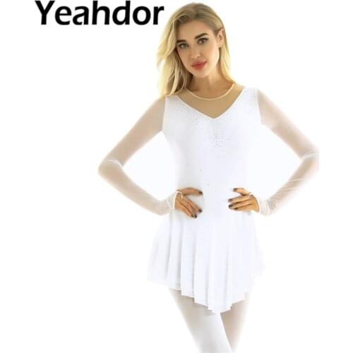 Women Adults Round Neck Long Sleeve Shiny Rhinestones Figure Ice Roller Skating Dress with Fingertip Ballet Dance Leotard Dress