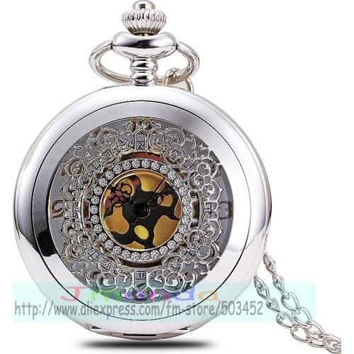 100pcs/lot super seller silver color hollow out pocket watch high quality gold dial quartz clock with necklace wholesale