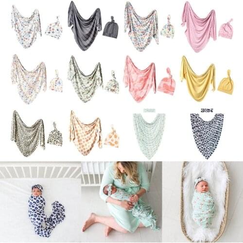 2 Pcs Baby Blanket + Hat Set Swaddle Wrap Newborn Infant Muslin Floral Cotton Towel Sleeping Bag