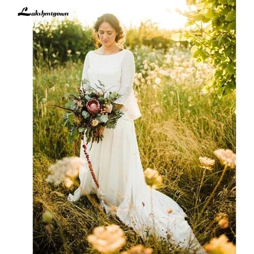 2021 Sequin Lace Chiffon O Neck Backless Flared sleeves Boho Wedding Dresses Beach Bohemian style trajes de novias largos