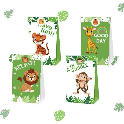 24pcs Jungle Theme Party Candy Bag Paper Gift Bags Candy Bags Box Kids Birthday Baby Shower Packing Bag Party Decoration