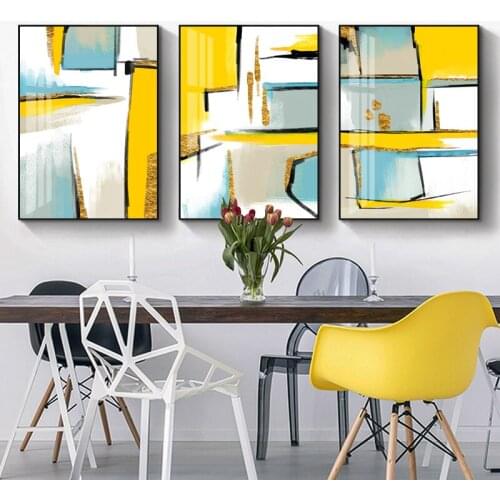 Abstract Wall Poster Yellow Golden Foil Blue Nordic Canvas Print Colorful Block Art Painting Pictures Living Room Hotel Decor