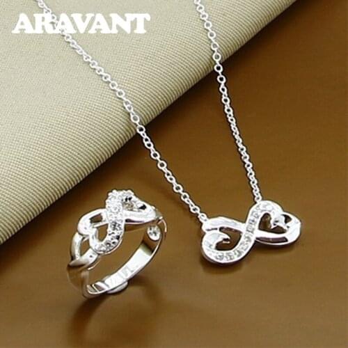 925 Silver Double Heart Zircon Pendants Necklaces Chain Rings Sets For Women Silver Jewelry