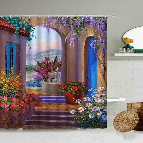Country Oil Painting Scenery Shower Curtain Greece Flower Green Plant Garden View Color Retro Style Bathroom Curtains Home Decor