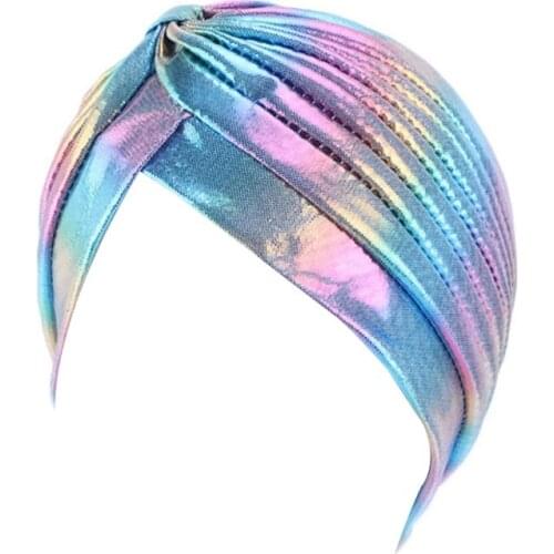 Women Rainbow Metallic Turban Hat Twisted Pleated Headwrap Glitter Hair Loss Cap