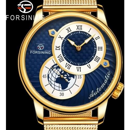 FORSINING Automatic Mechanical Wristwatch Military Sport Male Clock Top Brand Luxury Blue Gold Stainless Steel Man Watch 8201