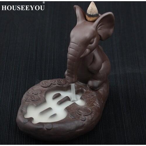 HOUSEEYOU Elephant Dollar Style Waterfall Incense Burner +10PCS Incense Cones Purple Clay Aroma Smoke Backflow Censer Home Decor