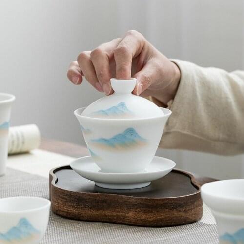 Ceramic Whiteware Cover Bowl Kung Fu Tea Set Tea Cup Tea Bowl Large Single Household Half-Handmade Tea Making Device Gaiwan